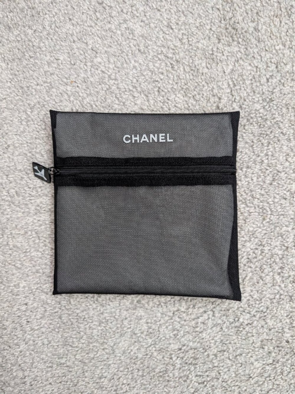 CHANEL (GWP) Black Mesh Makeup Bag with Zipper, Airplane Logo Pull